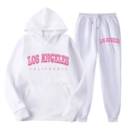 Two Piece Set Street Womens Hoodie & Pants Fleece Pocket Loose Pullover Los Angeles California Print Clothes Fashion Sportswear