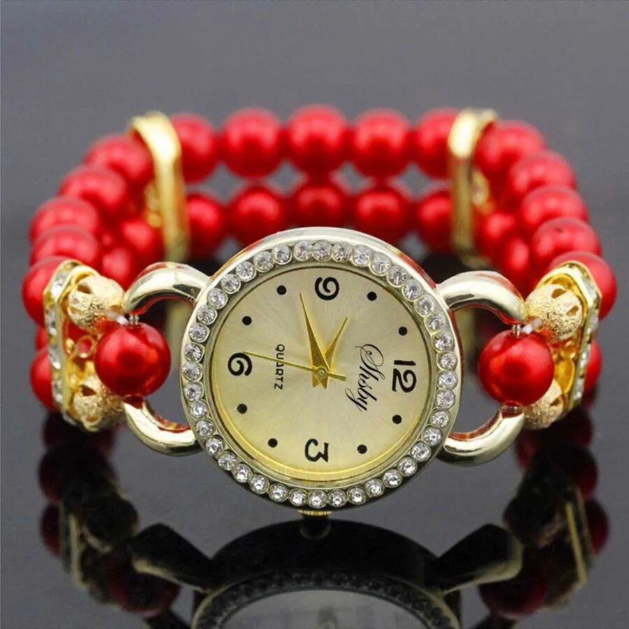 Shsby New Women's Rhinestone Quartz Analog Bracelet Wrist Watch Lady Watches With Colorful Pearls