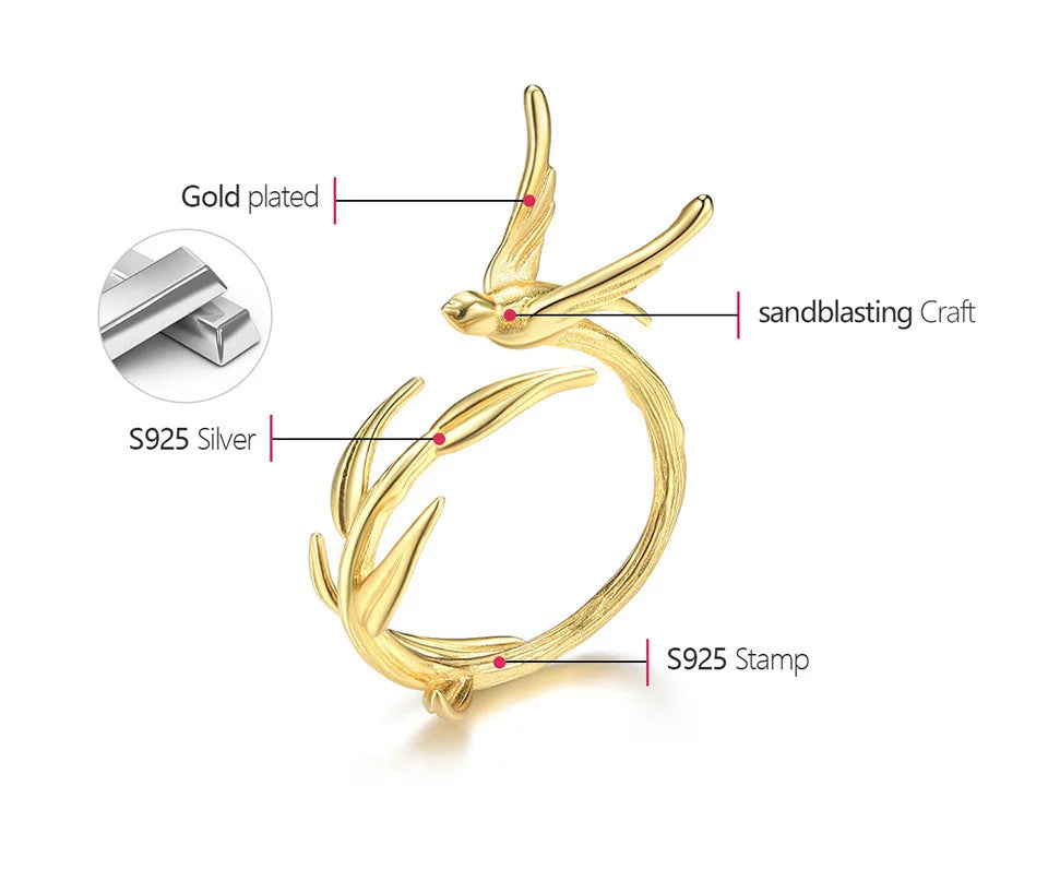 Lotus Fun 18K Gold Swallow Willow Branch Unusual Asymmetrical Rings for Women Real 925 Sterling Silver Original Fine Jewelry
