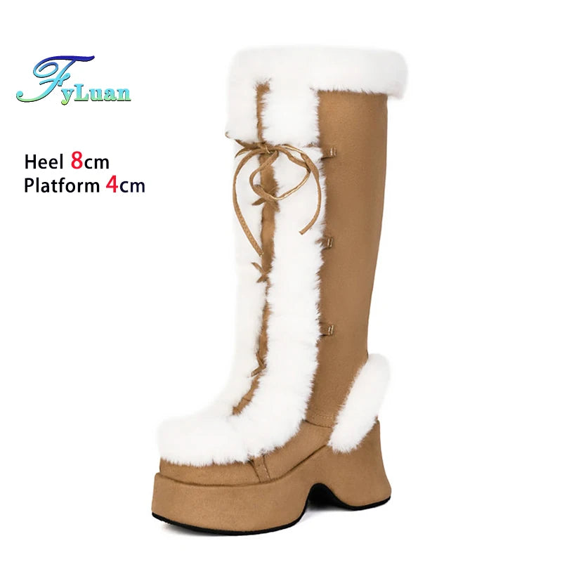 8CM Chunk Heels Winter Warm Knee High Boots Women Snow Short Plush Platform Boots Faux Fur Cosplay Lace-up Long Shoes Size 34-43