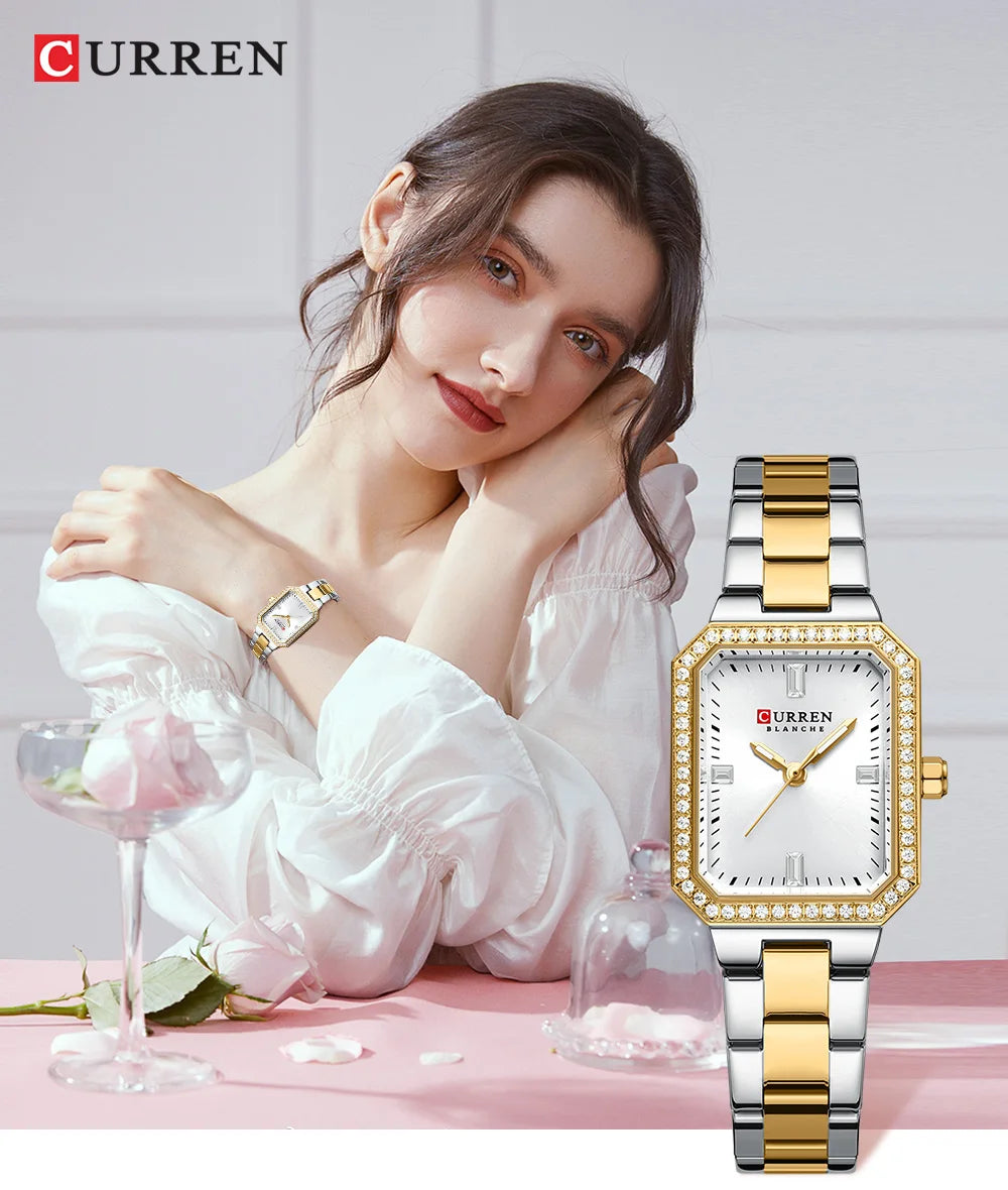 CURREN Luxurious Elegant Women's Watches Classic Rectangular Dial with Rhinestones Luminous Hands Waterproof