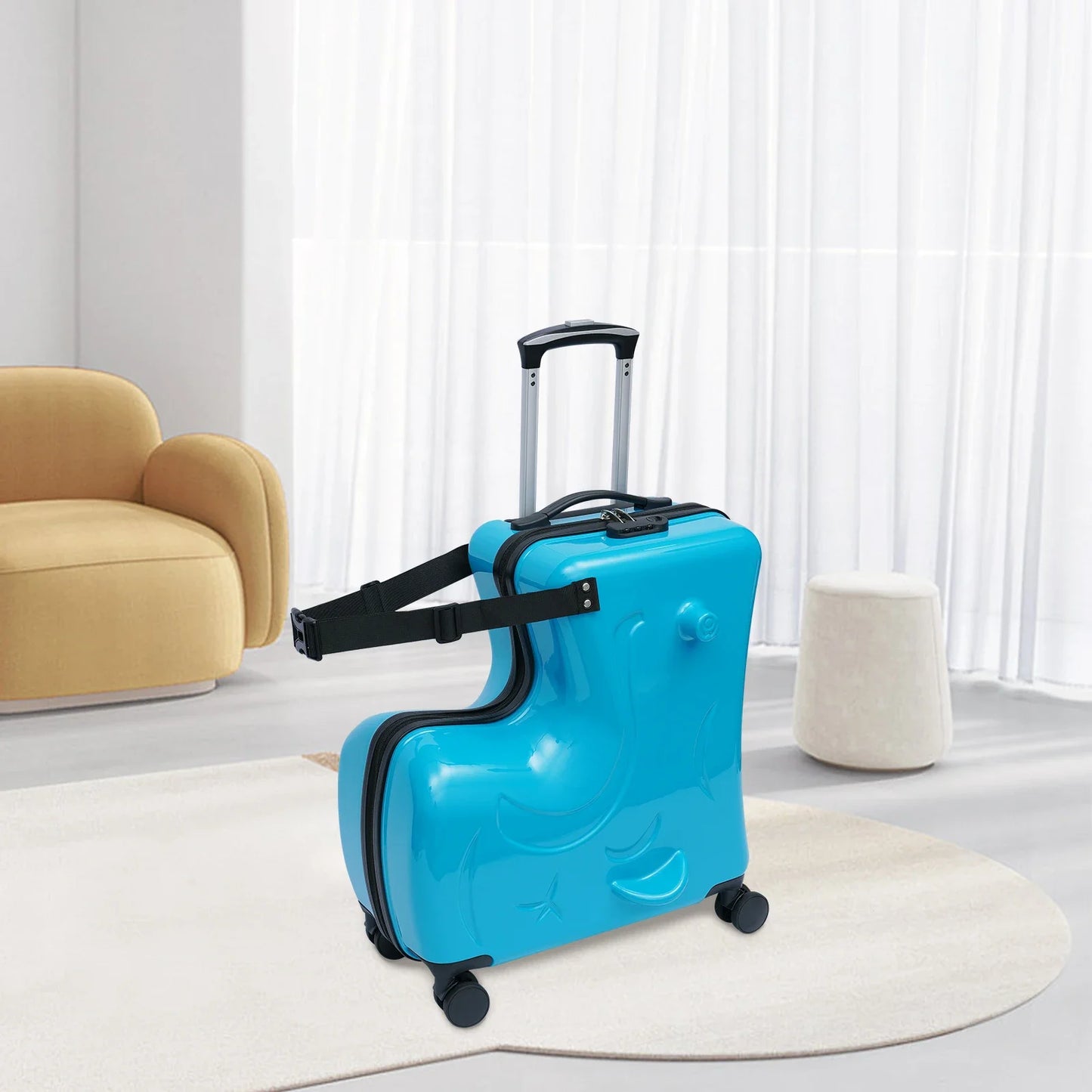 EtherealBe Kids Ride-On Travel Luggage in blue with wheels and a retractable handle for fun trips