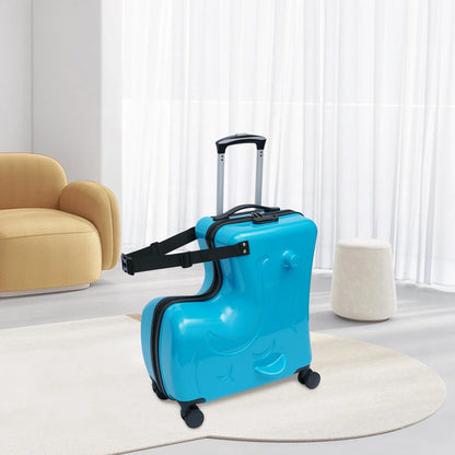 EtherealBe Kids Ride-On Travel Luggage in blue with wheels and a retractable handle for fun trips