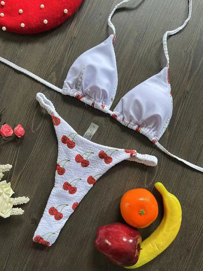 Swimwear Women Cute  Cherry Print Brazilian Thong Bikini Set Sexy Thong Swimsuit Two Pieces Bathing Suit Women 2023 Beach Wear