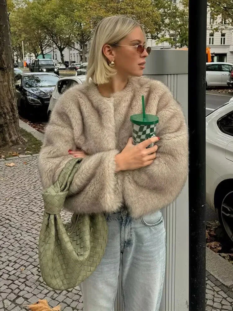 HH Women Winter Fashion Artificial Fur Effect Short Jacket Coats Female O-Neck Vintage Long Sleeve Loose Warm Top Streetwear
