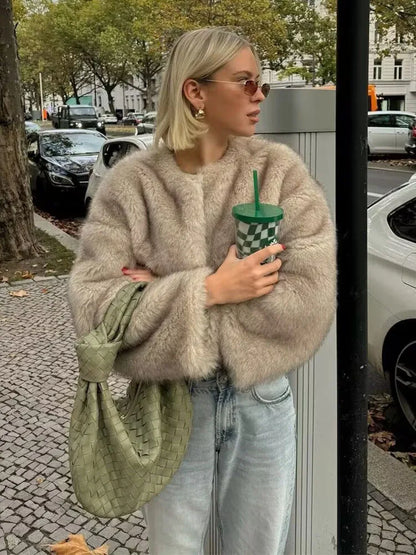 HH Women Winter Fashion Artificial Fur Effect Short Jacket Coats Female O-Neck Vintage Long Sleeve Loose Warm Top Streetwear