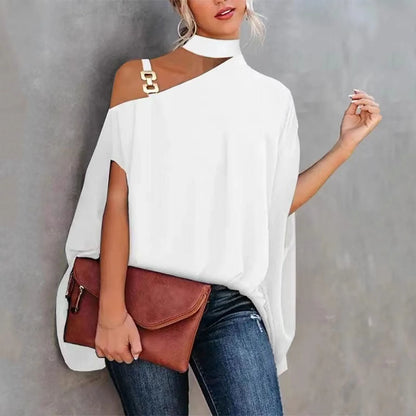 T Shirts For Women Casual Solid Color Off Shoulder Irregular Hem Short Sleeves Blouse Elagant Temperament Fashion Streetwear