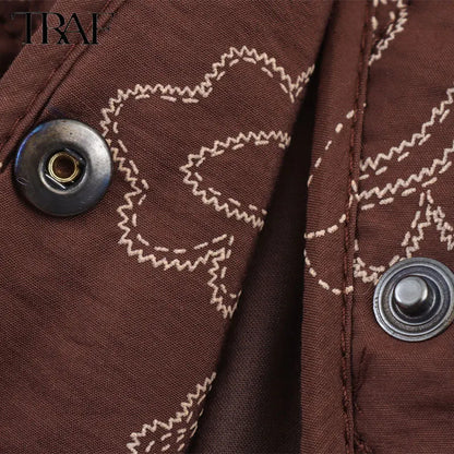TRAF Early Autumn New Women's Elegant Printed Quilted Coat Women's Single Breasted Coat Women's Retro Street Clothing Jacket
