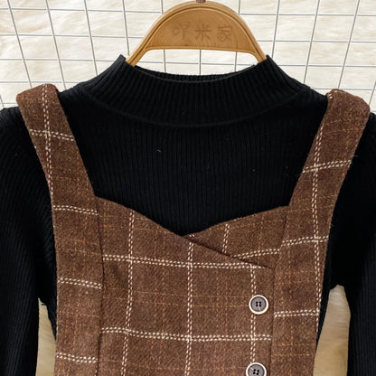 High Quality Fall Winter Women Sweater Overalls Dress Sets Casual Knitted Tops +Plaid Woolen Dress 2 Piece Sets Outfits Female