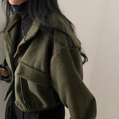 Autumn and Winter Loose Wool Coat for Women's Pocket Stand Collar Top Long Sleeve Button Hong Kong Style Wool Coat