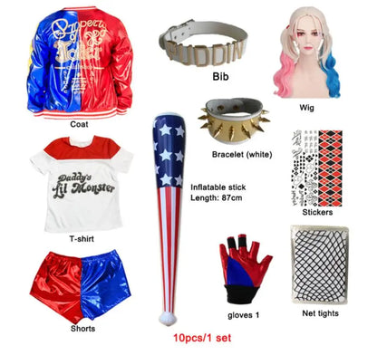 EtherealBe Harley Quinn kids cosplay costume set including jacket, t-shirt, shorts, wig, and accessories