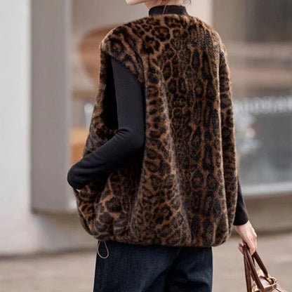 Winter fashion  casual senior sense thin  fur integrated leopard print vest warm top clothing  chalecos para mujer