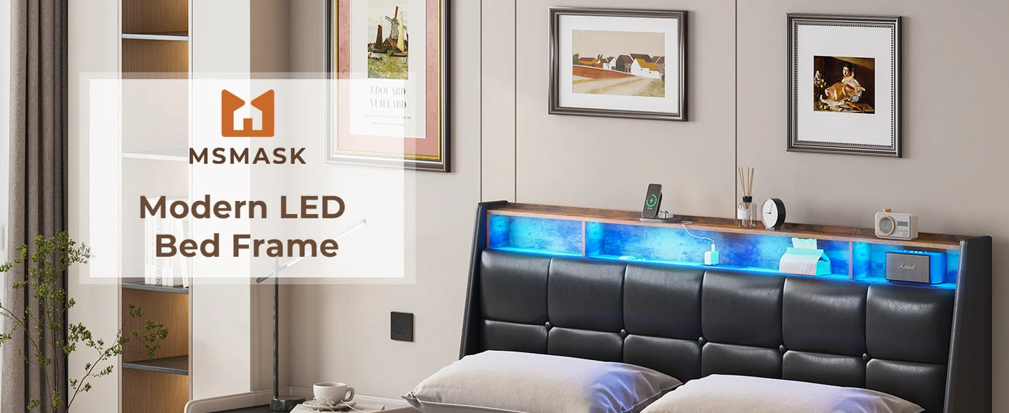 King Size Bed Frame w 4 Storage Drawers,Charging Station and LED Lights,Upholstered Bed Frame w Button Tufted Wingback Headboard