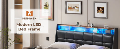 King Size Bed Frame w 4 Storage Drawers,Charging Station and LED Lights,Upholstered Bed Frame w Button Tufted Wingback Headboard