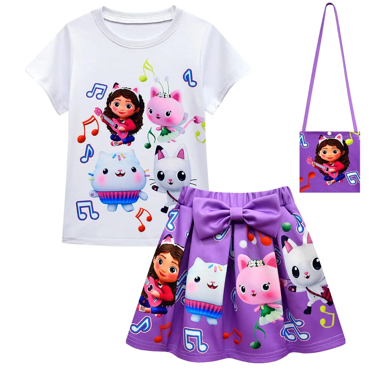 EtherealBe Gabby's Dollhouse cosplay costume for girls with T-shirt, skirt, and bag featuring colorful cartoon characters