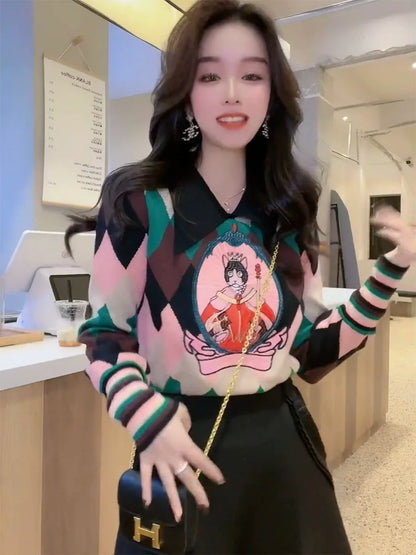 Rainbow Color Loose Knit Sweater For Women Pullover Tops 2023 Autumn Winter Long Sleeve Turn-down Collar Fashion Stylish Jumpers