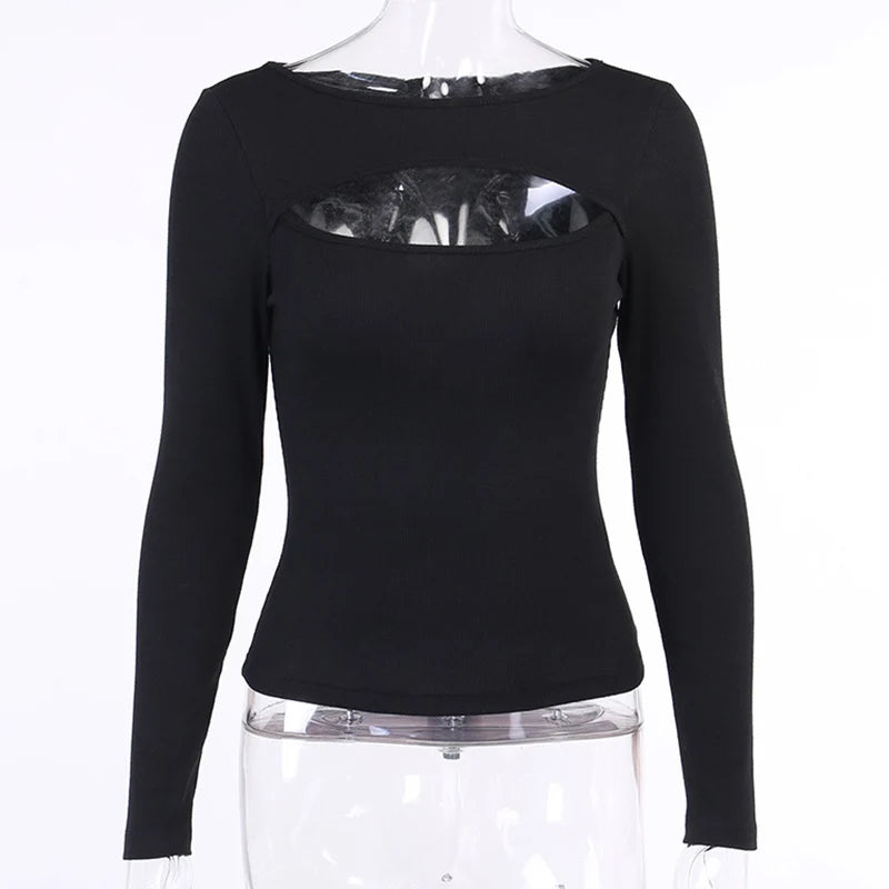 Autumn Women tshirt Hollow Out Solid Black White Long Sleeve Knitted Tee Tops Casual Slim O Neck 2020 Fashion t shirt