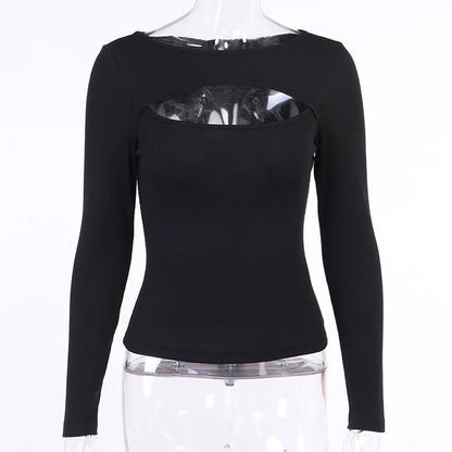 Autumn Women tshirt Hollow Out Solid Black White Long Sleeve Knitted Tee Tops Casual Slim O Neck 2020 Fashion t shirt