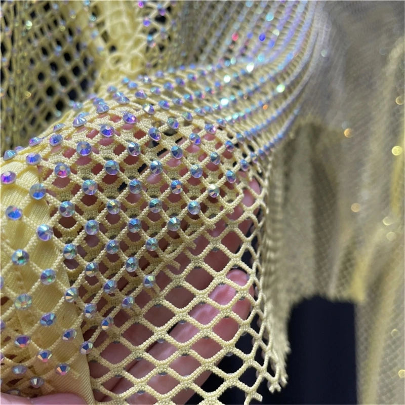 Women Colorful Rhinestones Long Sleeve Crop Top Sparkly Glitter Drill Shawls Shrug See Through Fishnet Cover Up Clubwear