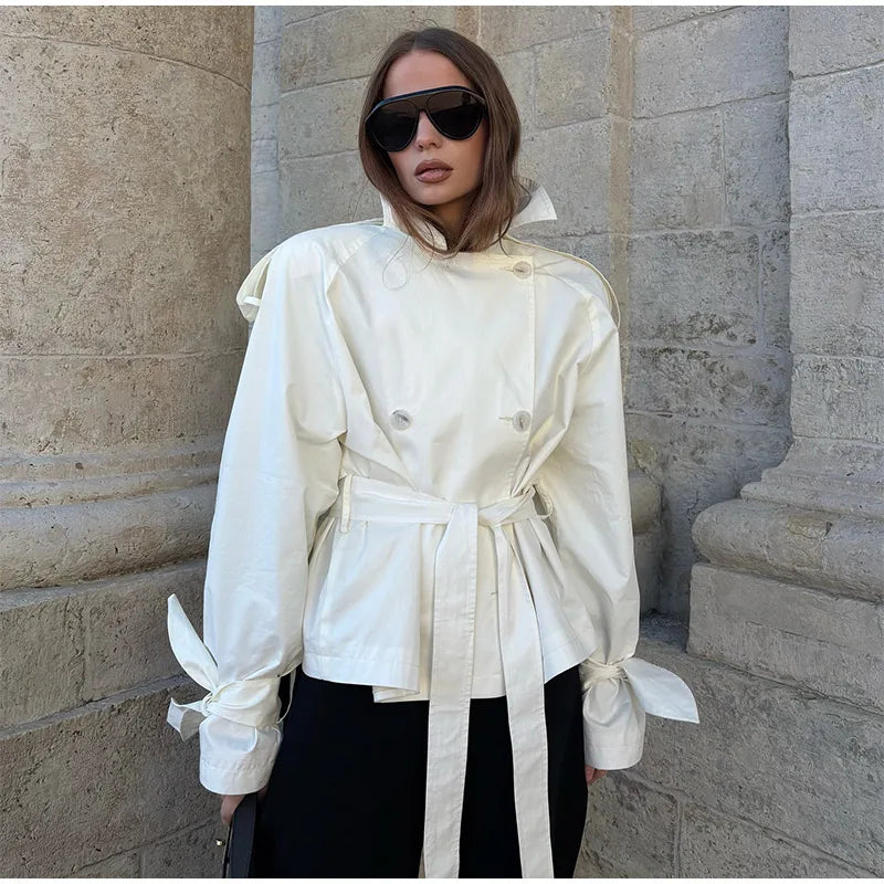 Belted Waist Cropped Trench Double Breasted Stand Collar 2025 Autumn Chic Elegant Women Coat Casual Vintage Office Lady Jacket