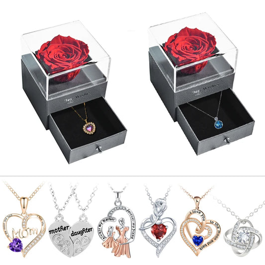 New Fashion Pendant Necklace In Rose Flower Jewelry Gift Box Preserved Rose Necklace Set Wedding Christmas Gift for Girlfriend