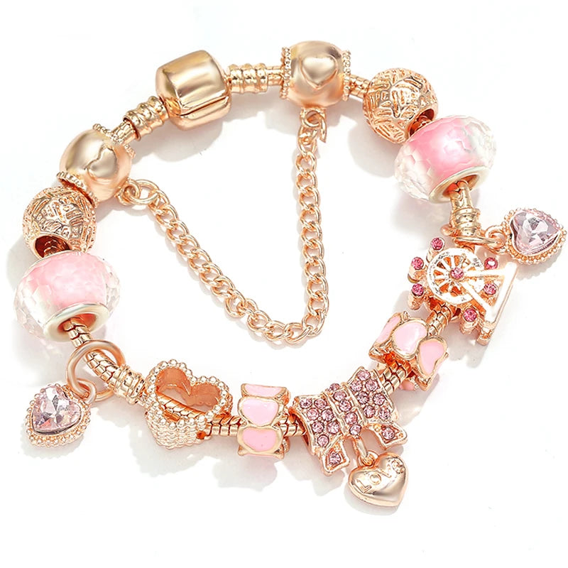 Spring Style Charms Bracelets For Women With Snake Chain Pink Daisy DIY Charms Beads Pendants Fashion Jewelry Dropshipping
