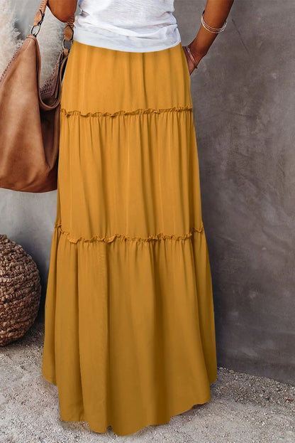 Women's Spring  Autumn New Long Skirt Solid Color Fashionable Mushroom Layered Skirt High Waist Elastic Ruffle Skirt