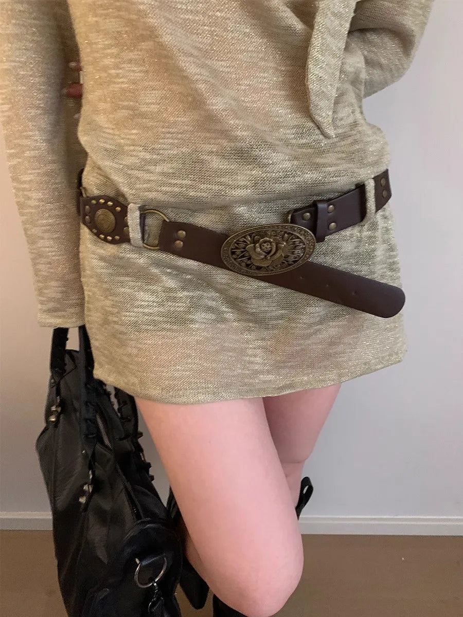 N Retro Ethnic Belt Y2K Bohemian Dress With a Wide Brown Belt