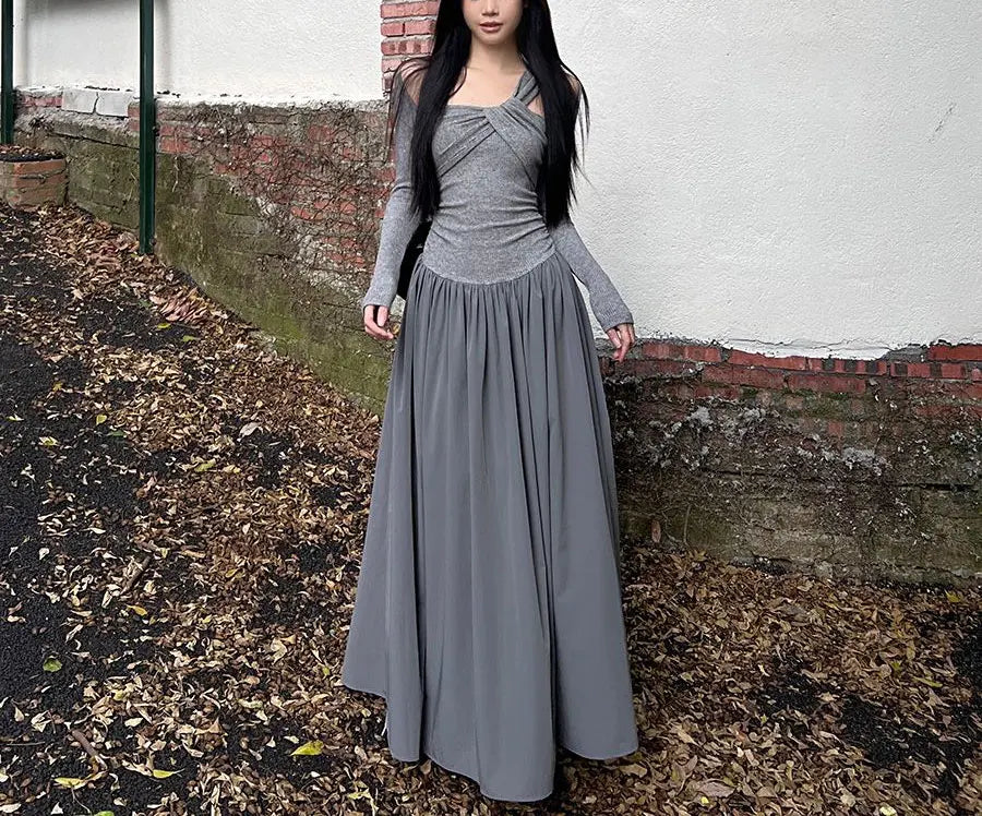 Autumn Skew Collar Halter Aura Dresses Solid Color Female Clothing Folds Stylish Irregular Basic Long Sleeve Spliced Long Dress