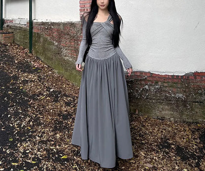 Autumn Skew Collar Halter Aura Dresses Solid Color Female Clothing Folds Stylish Irregular Basic Long Sleeve Spliced Long Dress