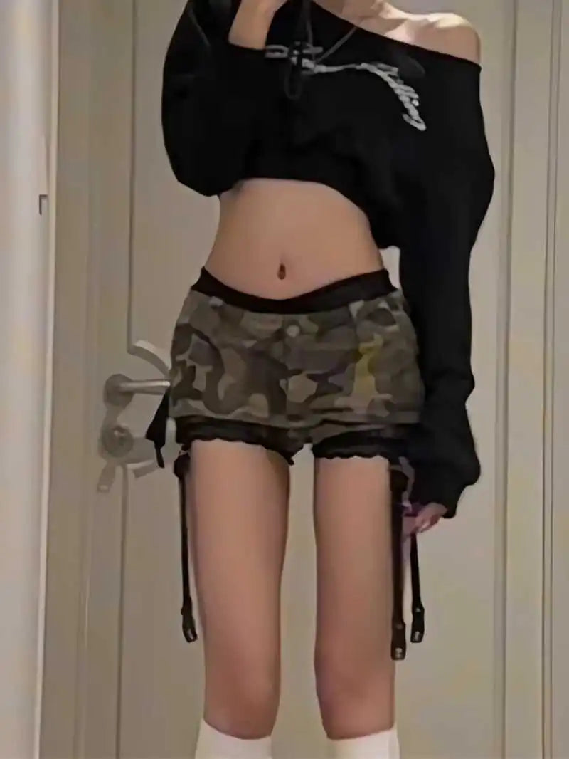 Summer Women Gyaru Coquette Camouflage Culottes Harajuku Shoujo 2000s Aesthetic Low Rise Mini Denim Skirt Korean Y2k Japanese
