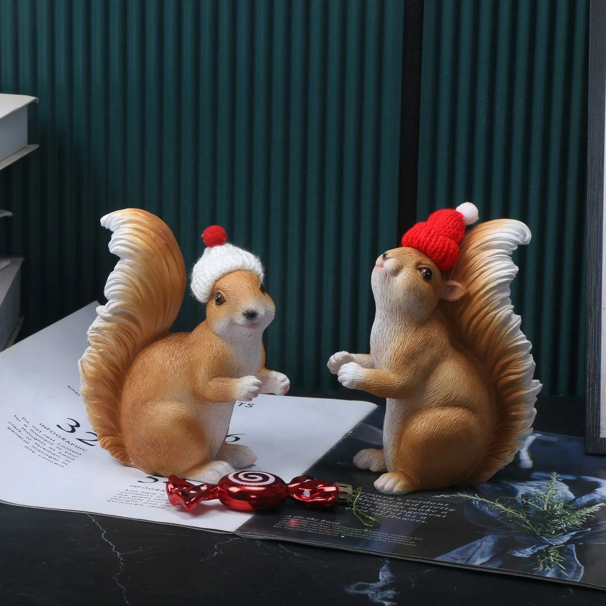 1 set of Christmas squirrels holding gifts and holiday decorations