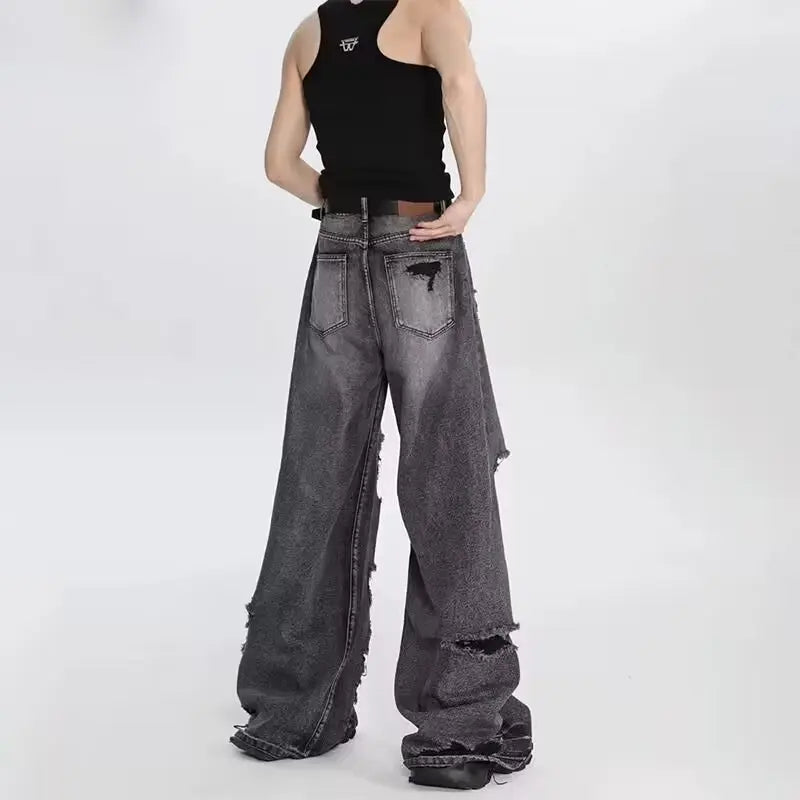 Ripped jeans for women in summer, cool, old high street American wide-leg pants loose and versatile straight trousers y2k jeans