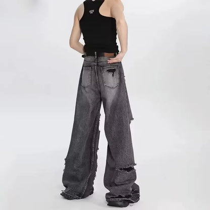 Ripped jeans for women in summer, cool, old high street American wide-leg pants loose and versatile straight trousers y2k jeans