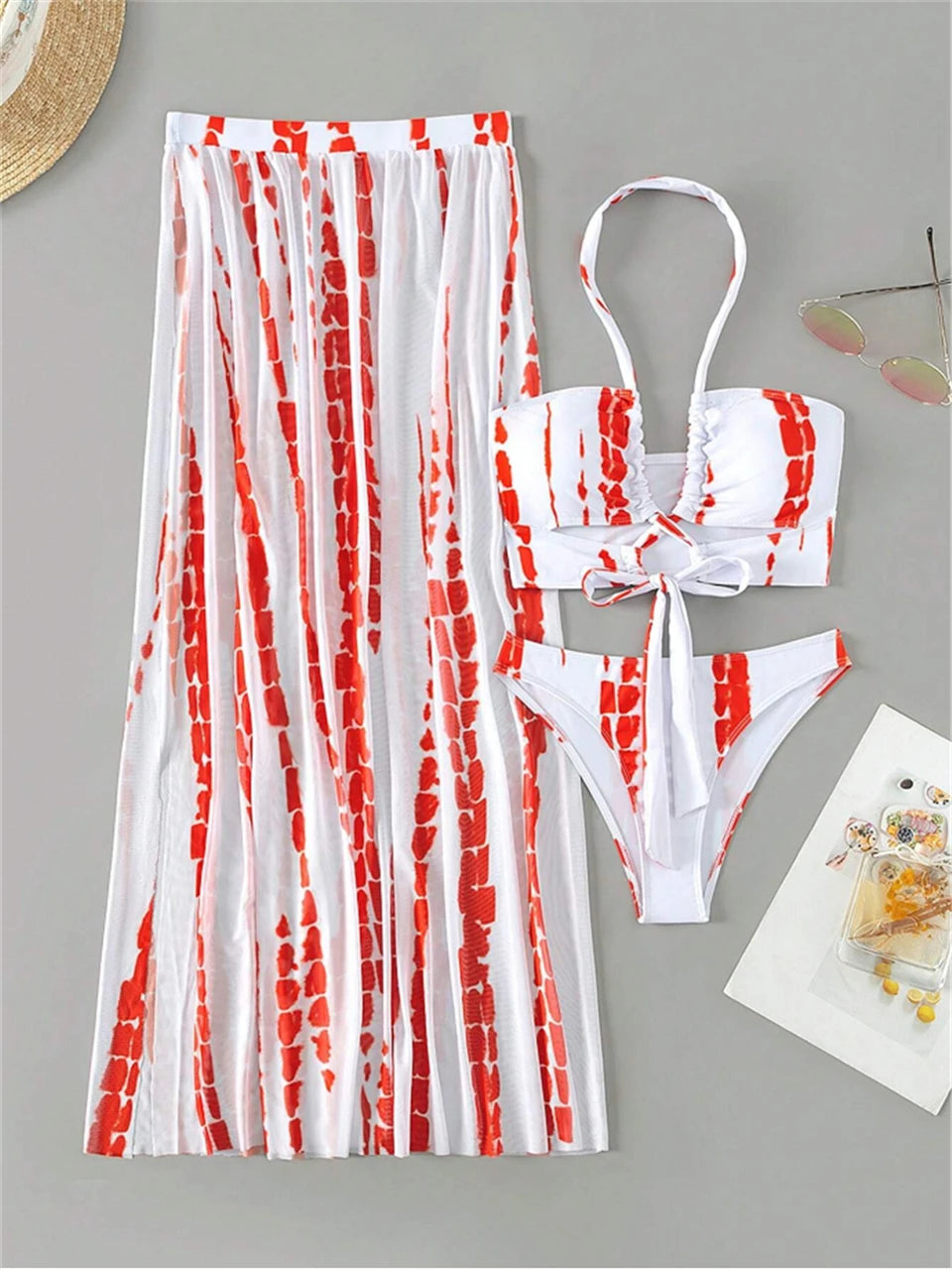 3 Pieces Tie Dye Cross Bikini 2025 Women Sexy Halter Swimsuit & Cover Up Pants Swimwear Bathers Bathing Swimming Suit Beachwear
