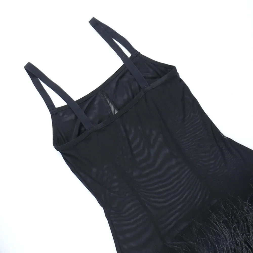 HLJ Black Sexy Mesh Perspective Patchwork Party Nightclub Dresses Women Thin Fur Mini Suspended Dress Female Halloween Clothing