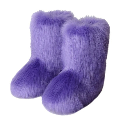 2025 Women Winter Faux Fur Boots Woman Fluffy Plush Warm Snow Boots Luxury Footwear Girls Furry Fur Bottes Fashion Winter Shoe