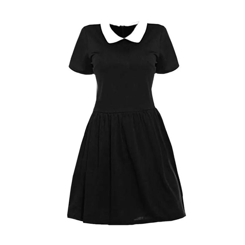 EtherealBe black dress with white Peter Pan collar short sleeves for costume parties Wednesday Addams cosplay dress for women