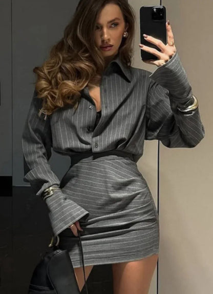 2025 Summer Fashion New Women's Elegant Office Staff Set Striped Collar Top Hip Wrapping Short Skirt Effect Two Piece Set