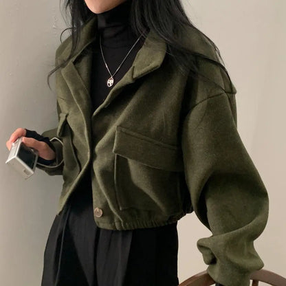 Autumn and Winter Loose Wool Coat for Women's Pocket Stand Collar Top Long Sleeve Button Hong Kong Style Wool Coat