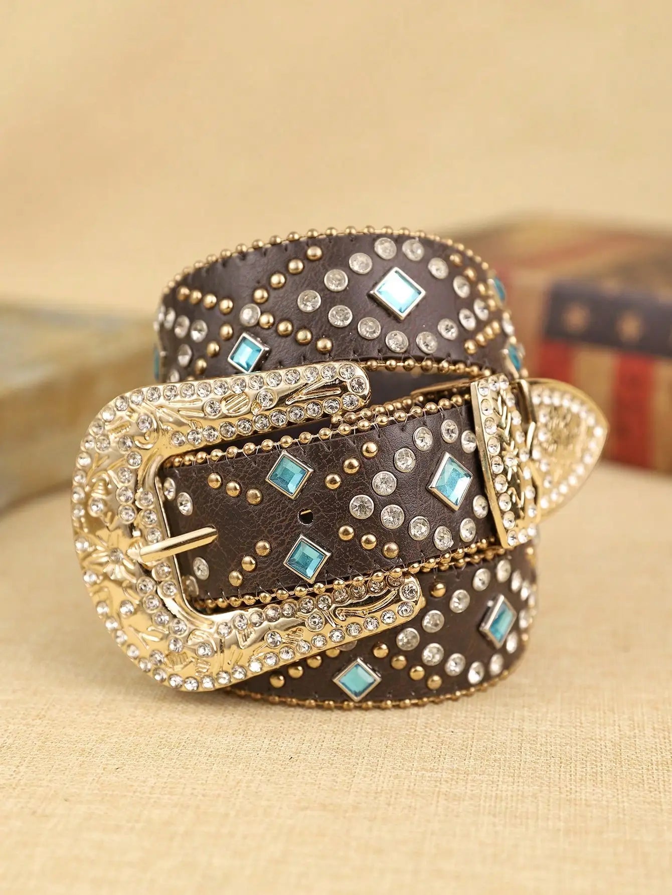 1 Piece Brown Ladies PU Chain Diamond Sapphire Blue Belt Fashion Pop Bohemian Style Belt for Daily Use