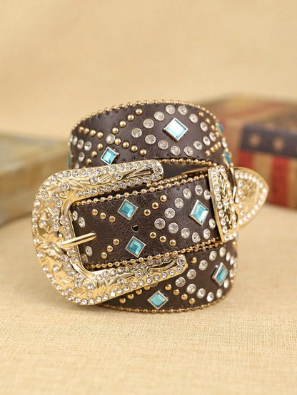 1 Piece Brown Ladies PU Chain Diamond Sapphire Blue Belt Fashion Pop Bohemian Style Belt for Daily Use