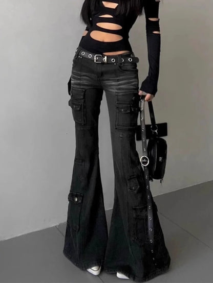 Women Dark Academia Gothic Grunge Low Waisted Cargo Flare Denim Pants Japanese Abi Y2k Harajuku Bell-Bottom Jeans Goblin Core