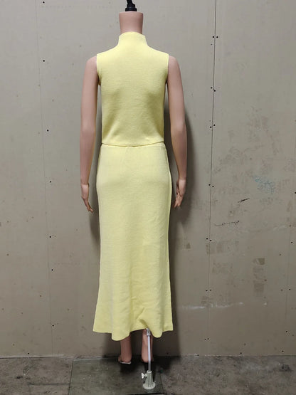Autumn Elegant Long Skirt Two-piece Set Women's Sleeveless Knitted Turtleneck Vest Slim Skirt Set Female New Fashion Skirt Set