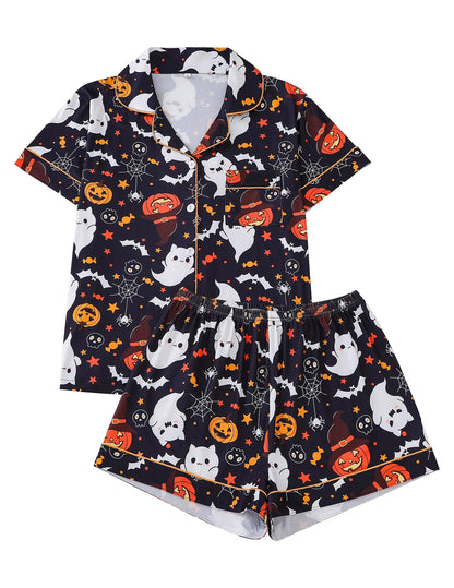 Women Halloween Pumpkin Bat Print Pajama Set,Breathable Lapel Loungewear Short-Sleeved Roll-Neck Shirt and Loose Shorts S-XXL
