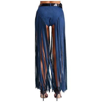 Womens Hippy Cosplay Costume High Waist Suede Underwear with Long Tassels And Belt Halloween Dress Up 70s Disco Costume
