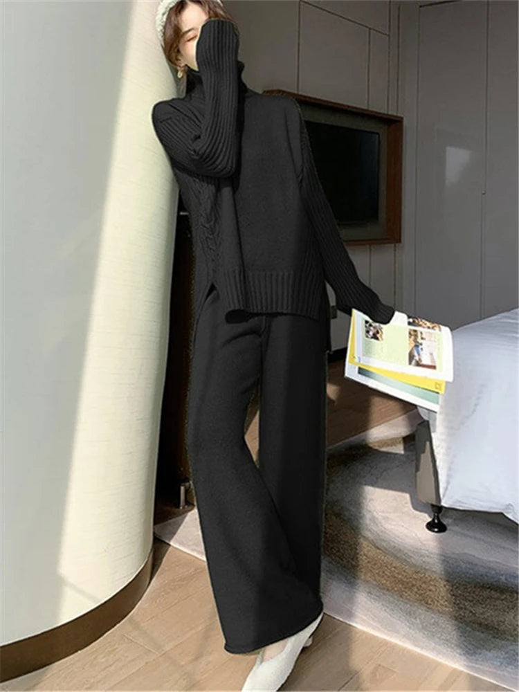 Autumn Winter 2 Pieces Women Sets Knitted Tracksuit 2025 New Turtleneck Sweater and Wide Leg Jogging Pant Pullover Suits