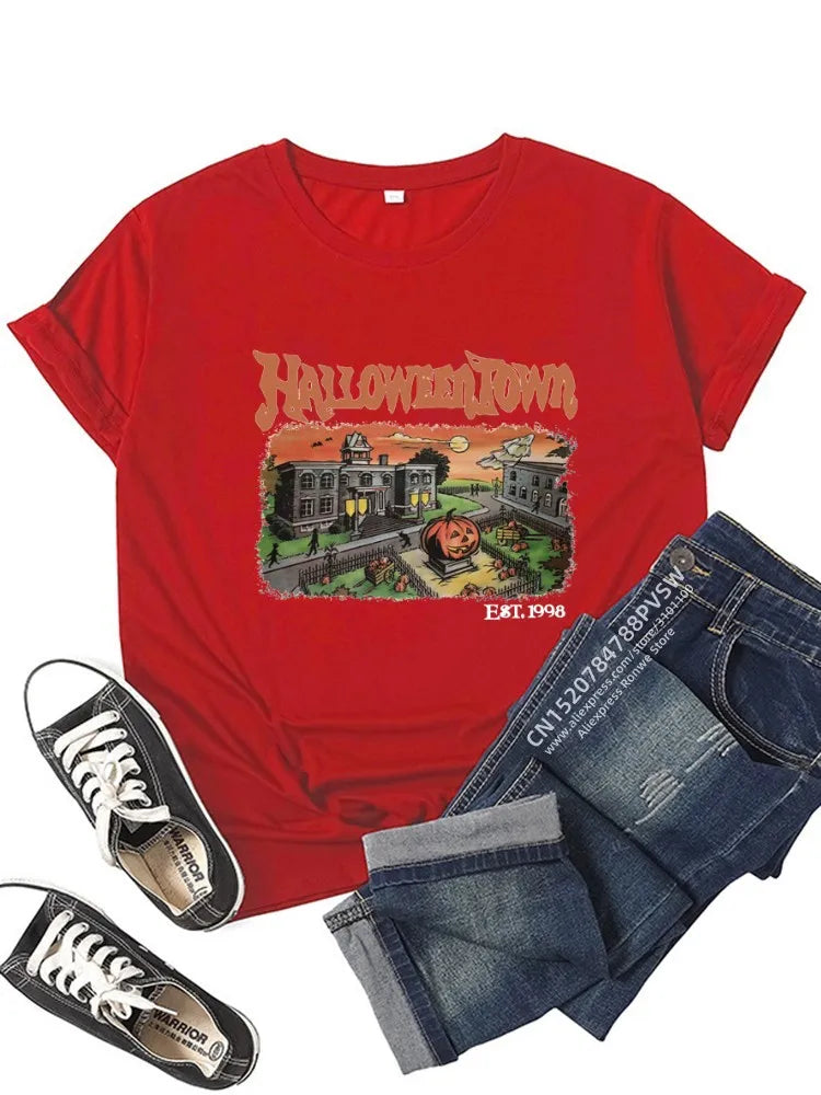 Red graphic Halloween graphic t-shirt for women featuring Halloweentown design and vintage elements
