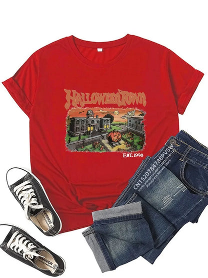 Red graphic Halloween graphic t-shirt for women featuring Halloweentown design and vintage elements