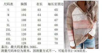 Women Patchwork Hooded Sweater Casual Long Sleeve Knitted Sweater Top Striped Elegant Pullover Jumpers Autumn Winter Plus Size